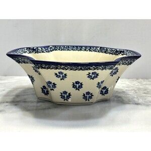 Vintage Boleslawiec Polish Pottery Blue Tulip Bowl Poland Dish Handmade Cream